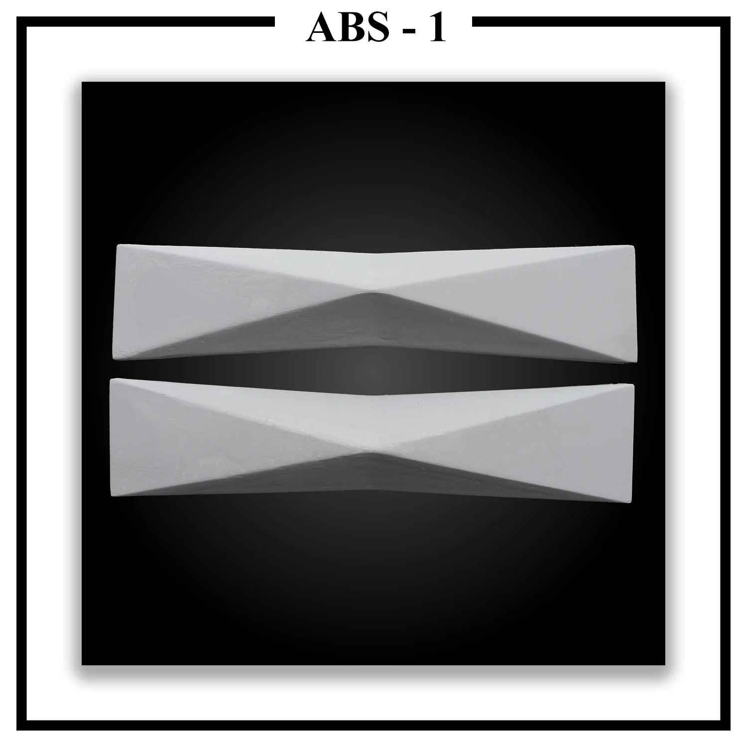 Two Luxture Abstract ABS-1 geometric wall panels with faceted surfaces, creating an hourglass shape against a black background.