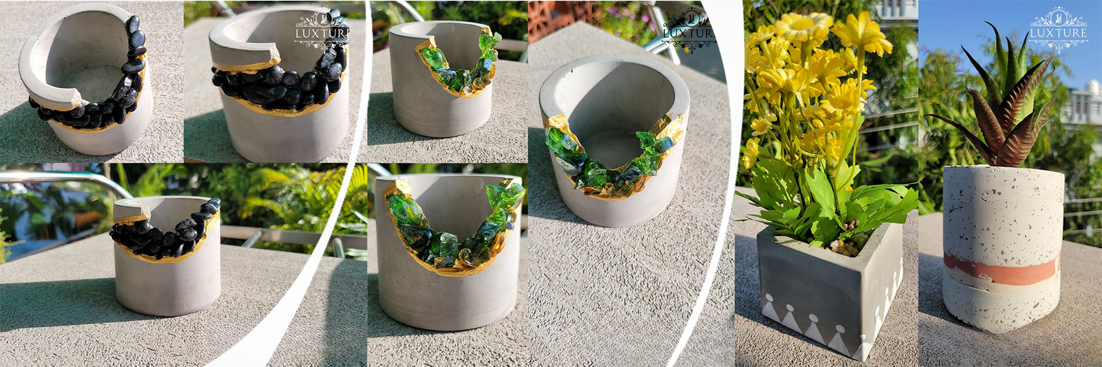 A collection of unique concrete artifacts: small decorative planters with crystal and metallic accents.