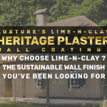 A charming, traditional house with a thatched roof and light-colored lime-n-clay walls, surrounded by lush green foliage. The image promotes 'LUXTURE'S LIME-N-CLAY HERITAGE PLASTER' as a sustainable wall finish