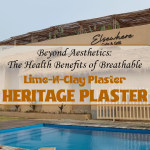 Exterior of Elsewhere Cafe & Grill with breathable Lime-N-Clay plaster walls beside a serene swimming pool