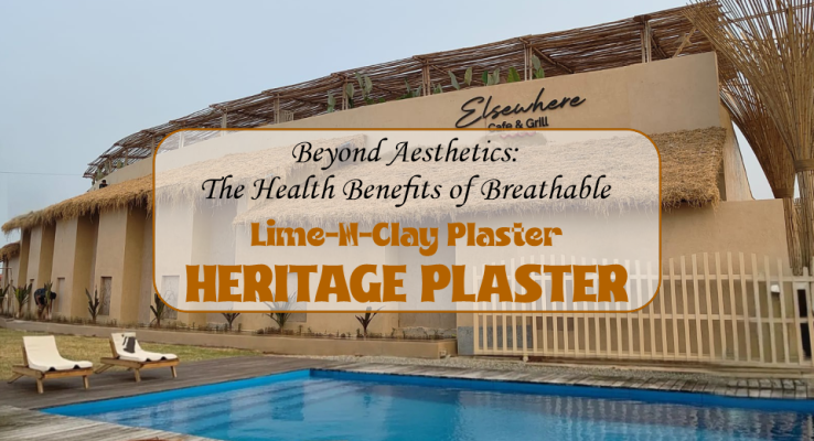 Exterior of Elsewhere Cafe & Grill with breathable Lime-N-Clay plaster walls beside a serene swimming pool