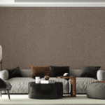 Modern living room wall finished with Spray Coat texture in earthy brown shade.