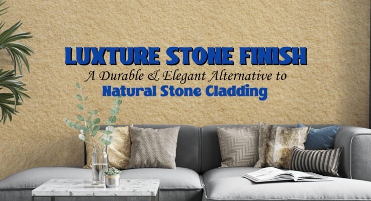 An image featuring a living room with a couch and a coffee table. The wall behind the couch has a rough, textured, yellow-beige stone finish. The text "LUXTURE STONE FINISH" is prominently displayed in large blue letters, with "A Durable & Elegant Alternative to Natural Stone Cladding" in smaller text below it.
