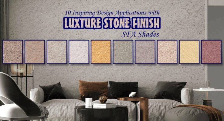 An image showing a living room with a gray sofa and a coffee table. The wall behind it has a stone finish texture. Above the couch, there are ten small square swatches displaying different colors and textures of Luxture Stone Finish. The text "10 Inspiring Design Applications with LUXTURE STONE FINISH" is at the top.