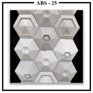 An assembled wall of Luxture Abstract ABS-25 hexagonal tiles showing a radial line pattern and a central pyramid design on each.