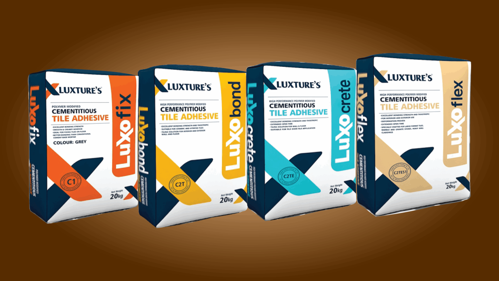 A product lineup of the Luxture Tile Adhesive range, showing bags of Luxofix, Luxobond, Luxocrete, and Luxoflex cementitious adhesives.