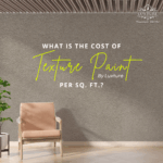 Brown textured accent wall behind a modern armchair with text overlay asking "What is the Texture Paint Cost per Sq Ft?" by Luxture.