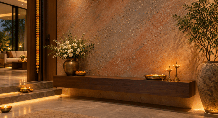 Terracotta and granite texture finishes for a festive entrance