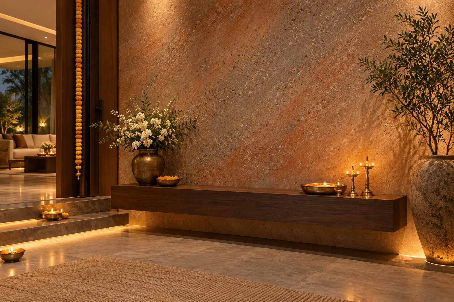 Terracotta and granite texture finishes for a festive entrance